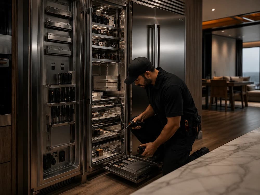 Markovfam technician repairing a built-in stainless steel refrigerator in a Manhattan home